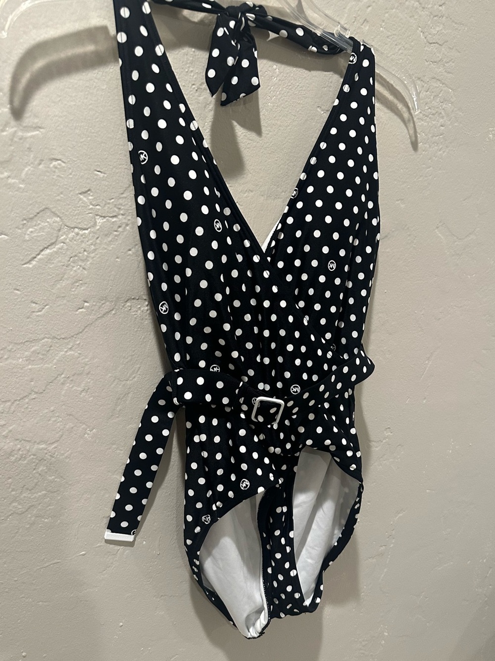 EUC MICHAEL Michael Kors Black and White Polka Dot One-Piece Belted Swimsuit